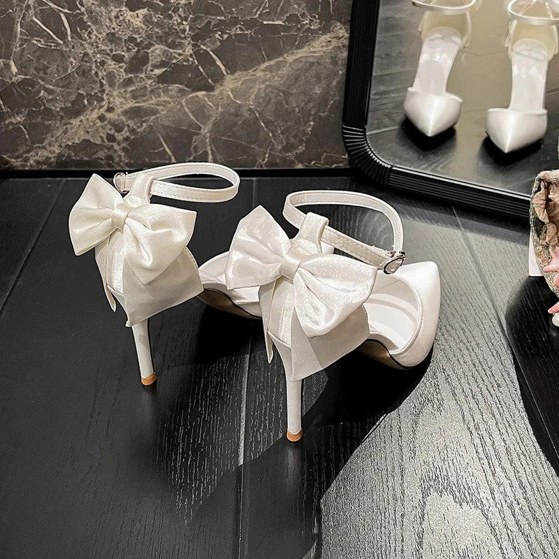 LBSFY  -  2024 New High Heels Women's Thin Heel Strap Satin White Wedding Shoes Butterfly Bridal Shoes