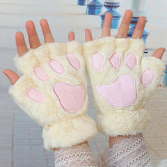 Lbsfy 1Pair Girl Lovely Bear Plush Cat Paw Claw Gloves Winter Faux Fur Kitten Fingerless Mittens for Women Christmas Halloween Gloves