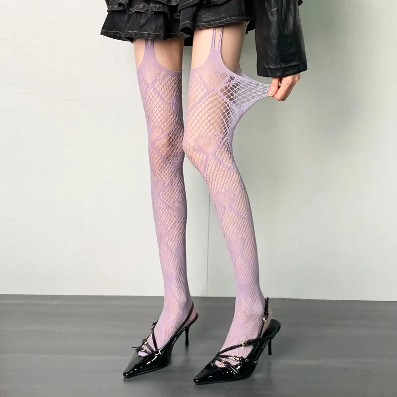Lbsfy Women Purple Stocking Sexy Lace Leg Covers Love Hollow Mesh Thigh Garter Stockings Pantyhose Nude Party Suspender Tights