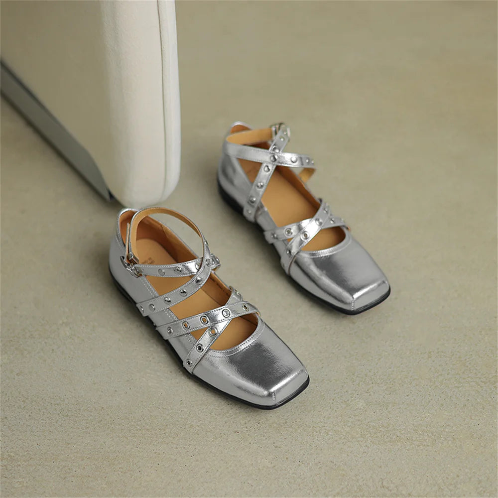 LBSFY  -  Shallow Rivet Low Heel Pumps Buckles Strap Decoration Punk Genuine Leather Women Pumps Fashion Party 2025 Spring Pumps