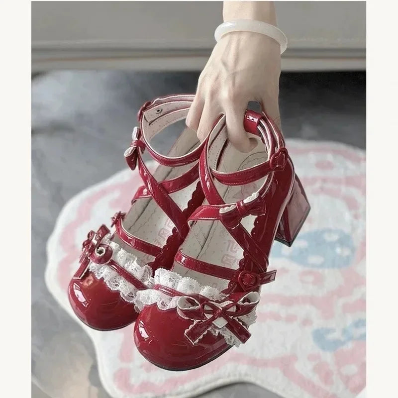 LBSFY -Lolita Red High Heels Cute pumps Shoes spring Autumn Lace Thick high heels Single Shoes Patent Leather Mary Jane Women's Shoes