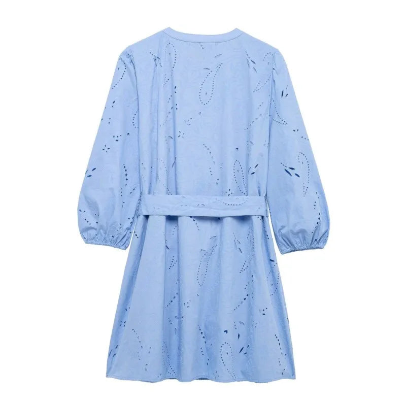 LBSFY -Lantern Sleeve O- Neck Blue Women Dress Cotton Blend Embroidery Hollow Out Summer Dress With Belt Elegant casual Female Clothing