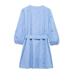 LBSFY -Lantern Sleeve O- Neck Blue Women Dress Cotton Blend Embroidery Hollow Out Summer Dress With Belt Elegant casual Female Clothing