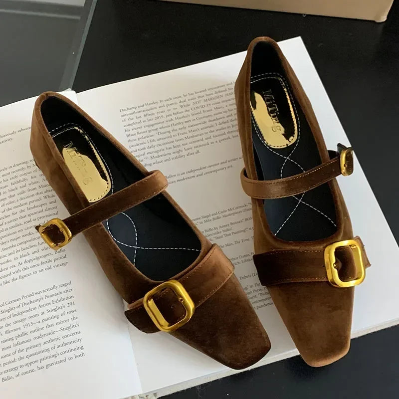 LBSFY  -  Flannel Retro Mary Janes Women Metal Buckle Low Heel Fashion Ballet Shoes Female Soft Sole Square Head Casual Mules Pumps Women