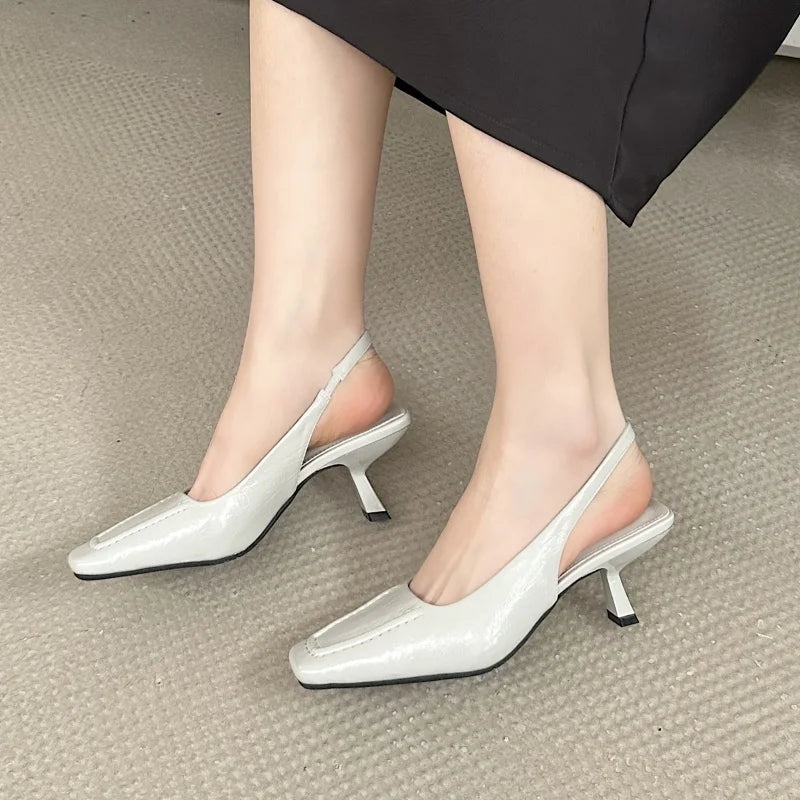 LBSFY  -Brand Women Sandal Shoes Fashion Square Toe Slip On Ladies Slingback Shoes  Thin High Heel Pumps Dress Shoes
