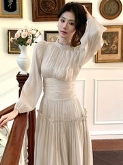 LBSFY -2025 New Elegant Chic French Pleated Solid Dress Puff Sleeves Slim Waist Midi Women's Dresses Party Prom Female Clothes Mujer