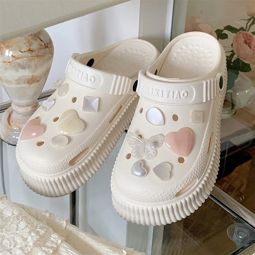 LBSFY  -  Women's Summer Water Diamond Love Hole Shoes Wearing Beach Shoes Outside EVA Soft Thick Sole Creative Contrast Color Baotou