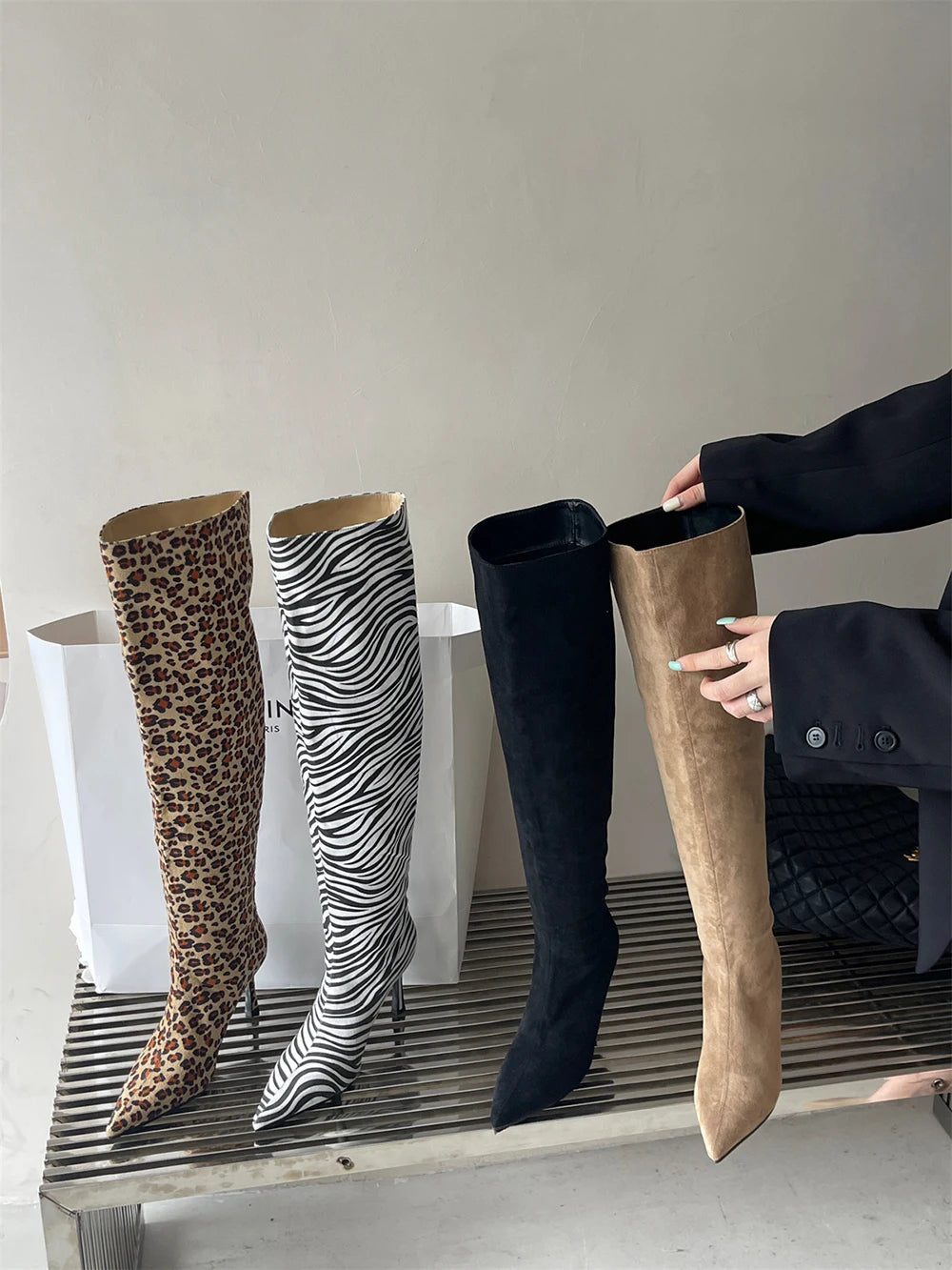 LBSFY  -  Pointed Toe Women Knee High Boots Chelsea Bootie Black Leopard Beige Zebra Winter Party Pumps Shoes Woman Slip On Size 35-40