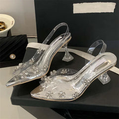LBSFY -Sexy PVC Transparent Crystal Diamond Flower Woman Pumps Elegant Slingbacks Pointed Toe High Heels Party Shoes