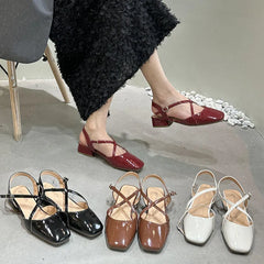 LBSFY  -   Summer New Women Red Brown Sandal Fashion Shallow Slip On Ladies Mary Jane Shoes Low Heel Elegant Dress Slingback Shoes