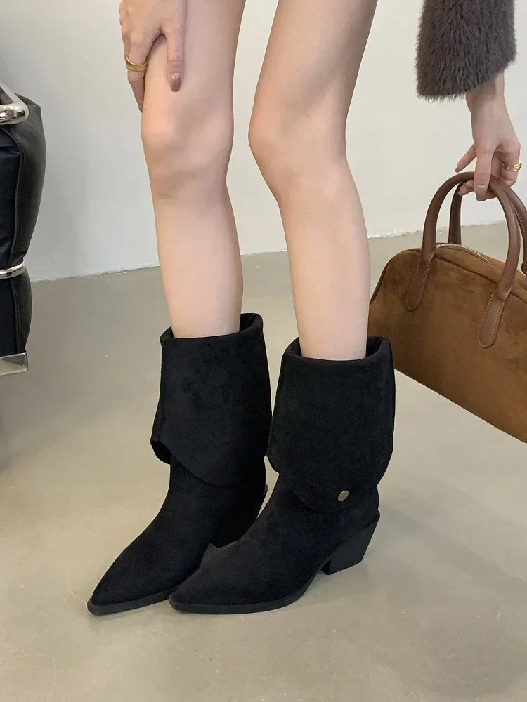 LBSFY -Retro Style Fold Button Women Knee-High Boots Fashion Pointed Toe Square Low Heels Casual Dress Ladies Shoes