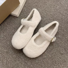LBSFY -Fashion Round Toe Wool Ballet Flats Woman Concise Warm Plush Loafers Ladies Brand Design Fluffy Mary Jane Shoes in Red Grey