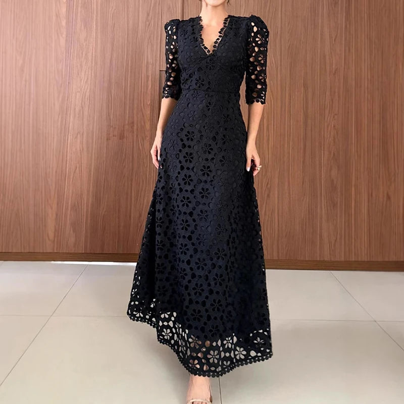 LBSFY  -  2025 Fashion Hight Waist Slim Party Dress Elegant V-neck Half Sleeve Solid Long Dress Women Sexy Embroidery Hollow Evening Dress