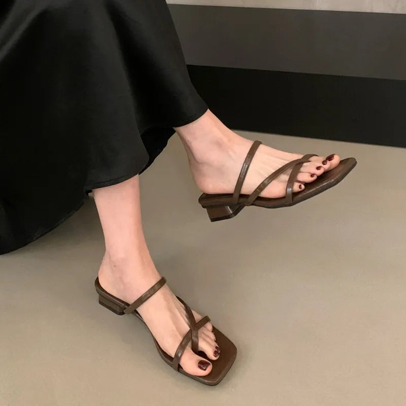 LBSFY -Summer Square Low Heel Women Slipper Fashion Narrow Band Ladies Sandal Outdoor Beach Casual Slides Shoes Mujer