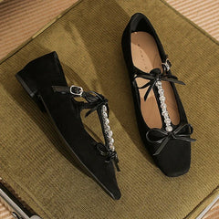 LBSFY  -  Crystal Chain Mary Jane Shoes Women Bow Soft Sole Square Toe Dress Shoes Shallow Female Suede Rhinestone Designer Shoes Women