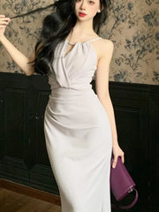 LBSFY -Hollow Elegant Summer Dresses For Women Sexy French Fashion Folds Spaghetti Strap Slim Fit Long Dress Evening Chic Party Robe