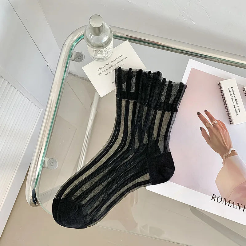 Lbsfy Sweet Lace Socks Women Girls Summer Mesh Crew Ankle Sock Crystal Vertical Stripes Stripes Streetwears Silk Ultra Thin Stockings