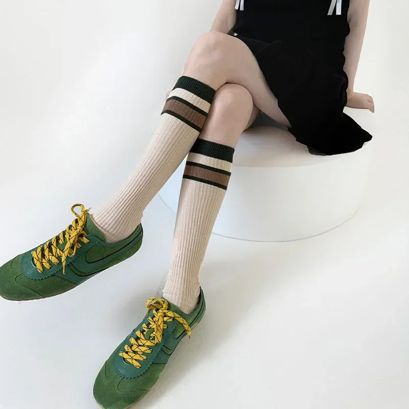 Lbsfy Korean Striped Calf Socks Cotton Colorblocked Knee Socks High Breathable Sport Cycling Mid-calf Socks Japanese JK Accessories