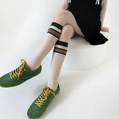 Lbsfy Korean Striped Calf Socks Cotton Colorblocked Knee Socks High Breathable Sport Cycling Mid-calf Socks Japanese JK Accessories