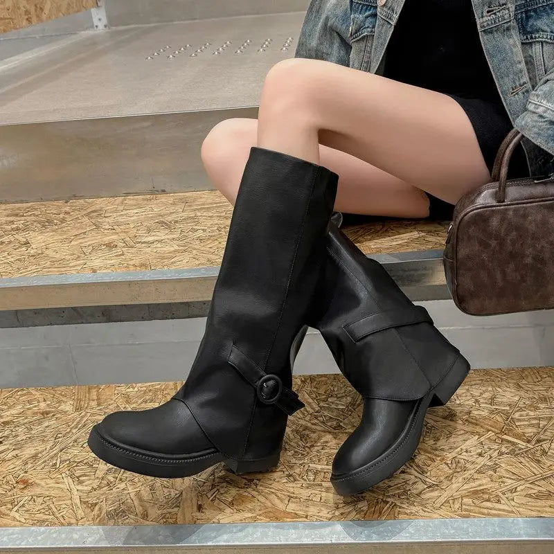 LBSFY  -  HOT Genuine Leather Boots Women Buckle Slip On Knee High Boots Brown Black Fashion Modern Botas Ladies Shoes