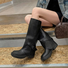 LBSFY  -  HOT Genuine Leather Boots Women Buckle Slip On Knee High Boots Brown Black Fashion Modern Botas Ladies Shoes