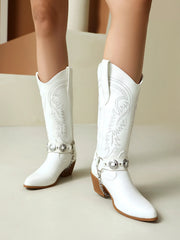 LBSFY  -  Cowboy Boots For Women Mid Calf Pu Leather Size 46 Winter Embroider Western White Cowgirl Shoes