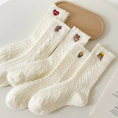 Lbsfy Women Socks Cartoon Bear Love Embroidery Female Lovely Cute Kawaii Lolita Cotton Socks Girls Gift Ladies White Long Stockings