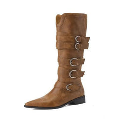 LBSFY  -  Retro Girls Brown Black Matte Leather Belt Buckles Pointed Toe Zipper Side 3 CM Low Heels Knee High Boots Women Knight Boots