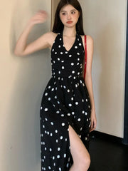 LBSFY -Dot Chic Retro Elegant French Style Polka Sling Dresses Bow Backless Slim Waist Halter-neck Split Dress Spring Summer 2025 New