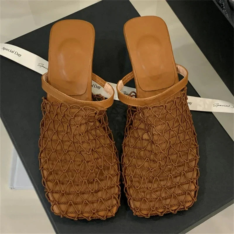LBSFY -Design Breathable Mesh Slippers Woman Pumps Elegant Square Toe Strange Low Heels Party Ladies Slide Mule Shoes