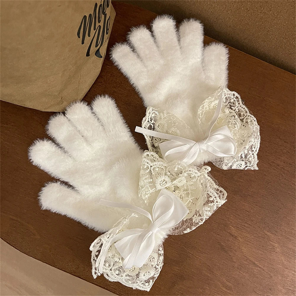 Lbsfy Lolita Winter Warm Knitted Full Finger Gloves Women's Ribbon Ties Lace Touch Screen Gloves Lady Thickened Fleece Woolen Mittens