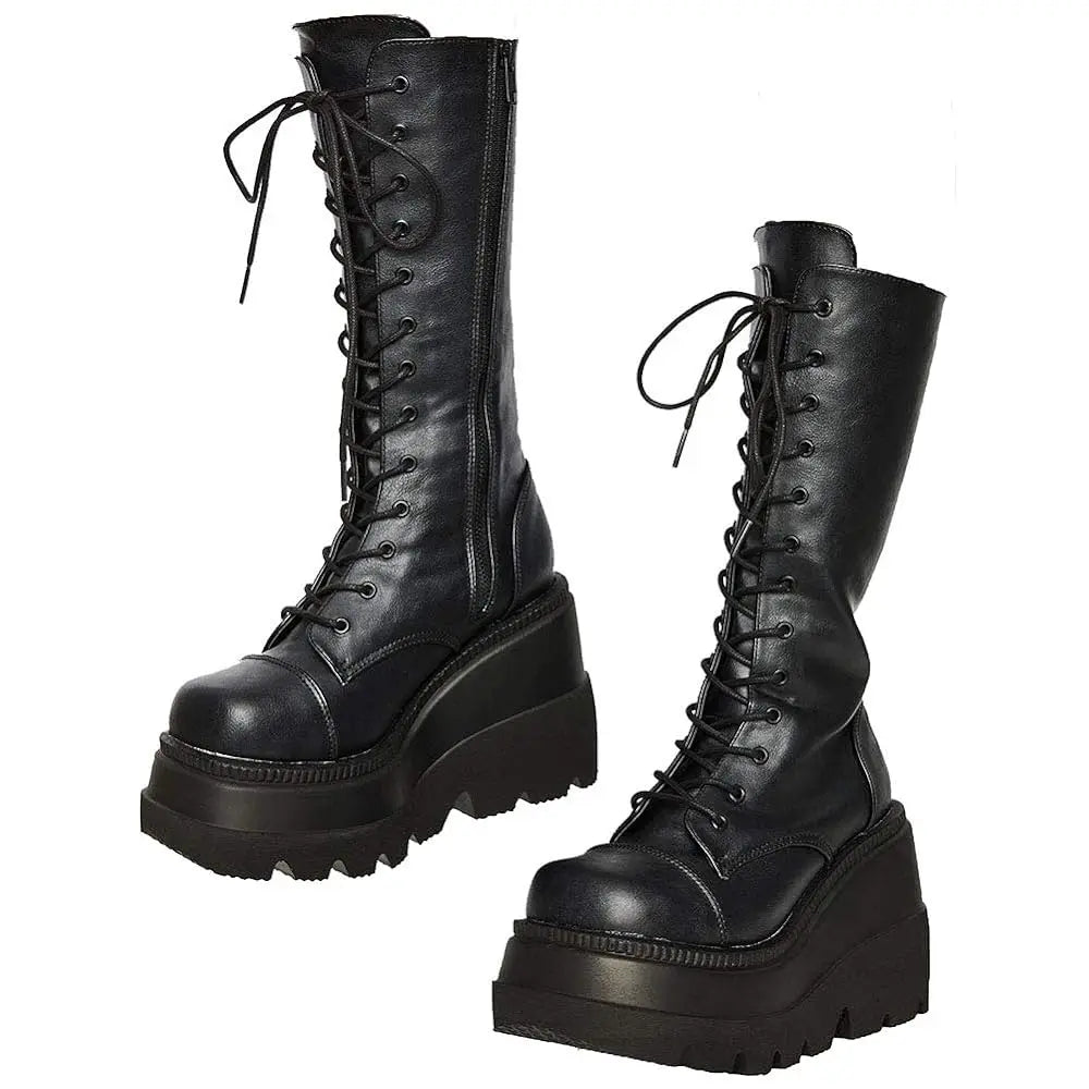 LBSFY -Black Gothic Fashion Round Toe Side Zipper Lace Up Women's Mid Calf Boots New INS Christmas Street Party Shoes Woman