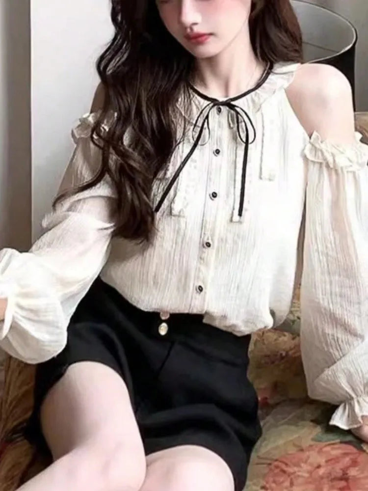LBSFY -Women Fashion Elegant Casual Blusas Mujer Long Sleeve Webbing Tops O-neck Ruffles Bandage Lace Up Summer Sweet Chic 2025 Clothes