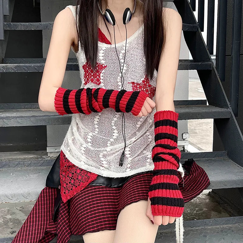 Lbsfy Lolita Long Socks Women's Leg Warmers Red Black Strip Arm Warmer Keep Sleeve Autumn Winter Crochet Socks Boot Cuffs Accessories