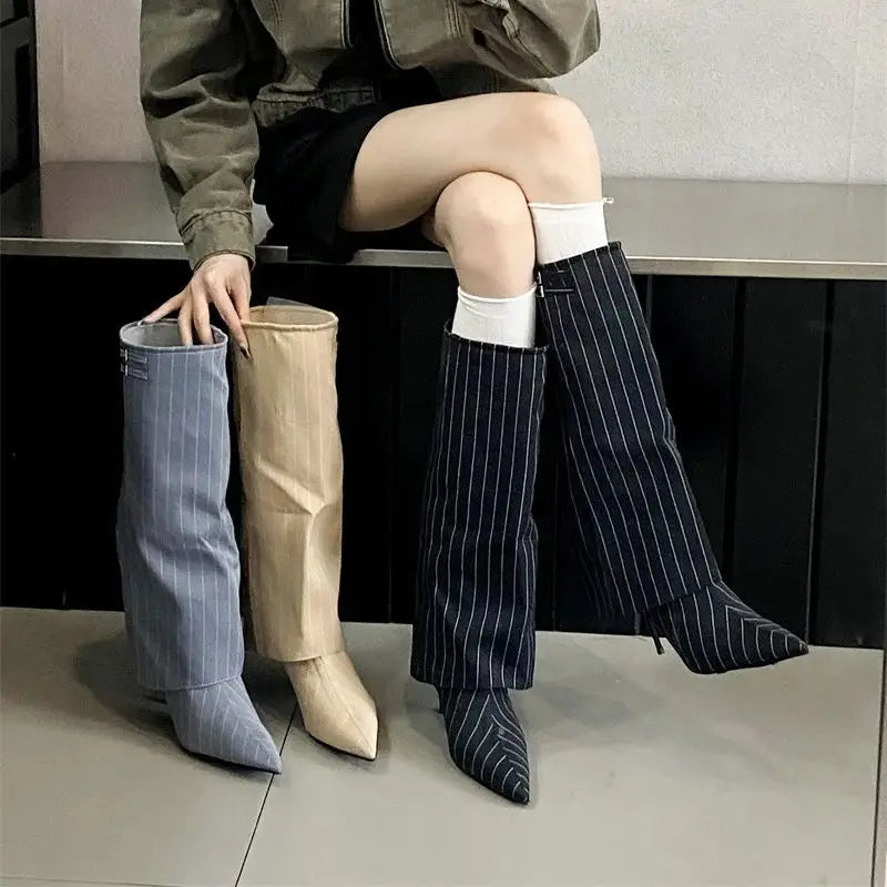 LBSFY  -   Women Knee High Boots Thin Heel Denim Point Toe Winter Retro Shoes Botas Mujer