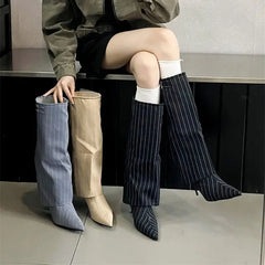 LBSFY  -   Women Knee High Boots Thin Heel Denim Point Toe Winter Retro Shoes Botas Mujer