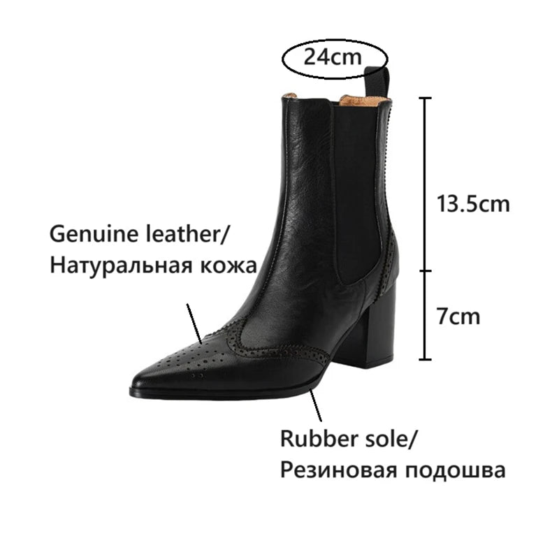 LBSFY  -  NEW Autumn Women Boots Genuine Leather Shoes for Women Pointed Toe Chunky Heel Shoes Hollow Carving Boots High Heel Modern Boots