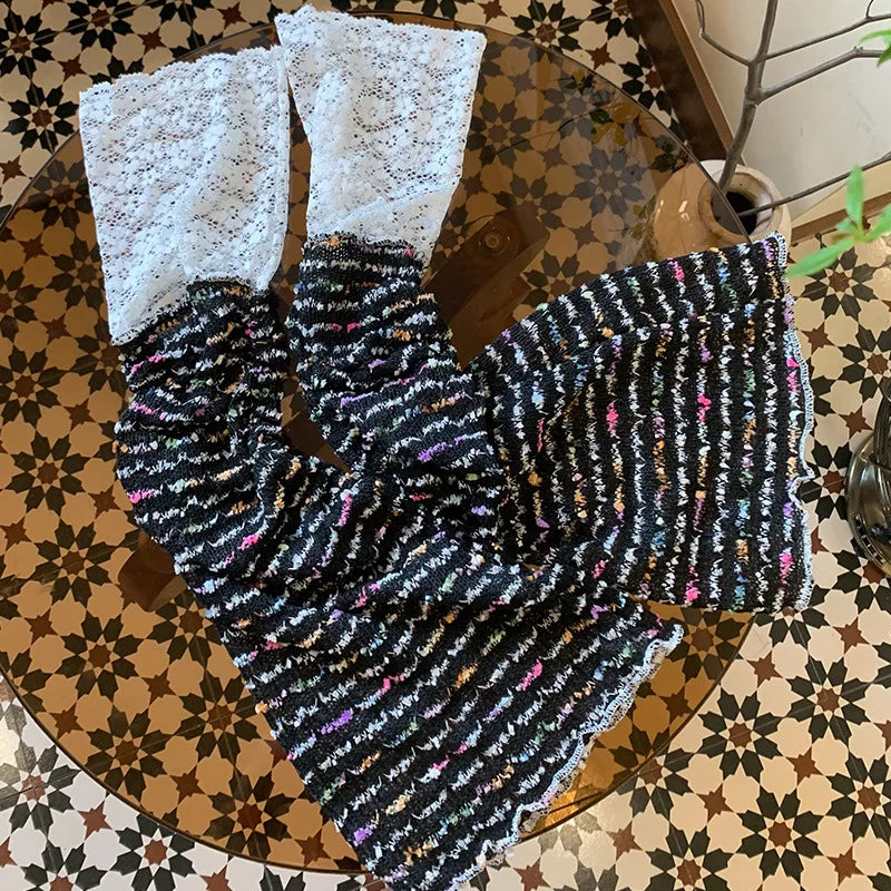 Lbsfy Y2k Rainbow Patchwork Lace Leg Socks Mesh Patchwork Wide Leg Warmers Japanese Harajuku Mid Tube Socks Sexy Flare Leg Covers