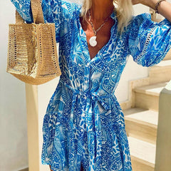 LBSFY  -  Holiday Beach Printed Boho Mini Dress Women Spring Single Breasted Belt Shirt Dress Autumn Half Sleeve Hollow A-Line Party Dress