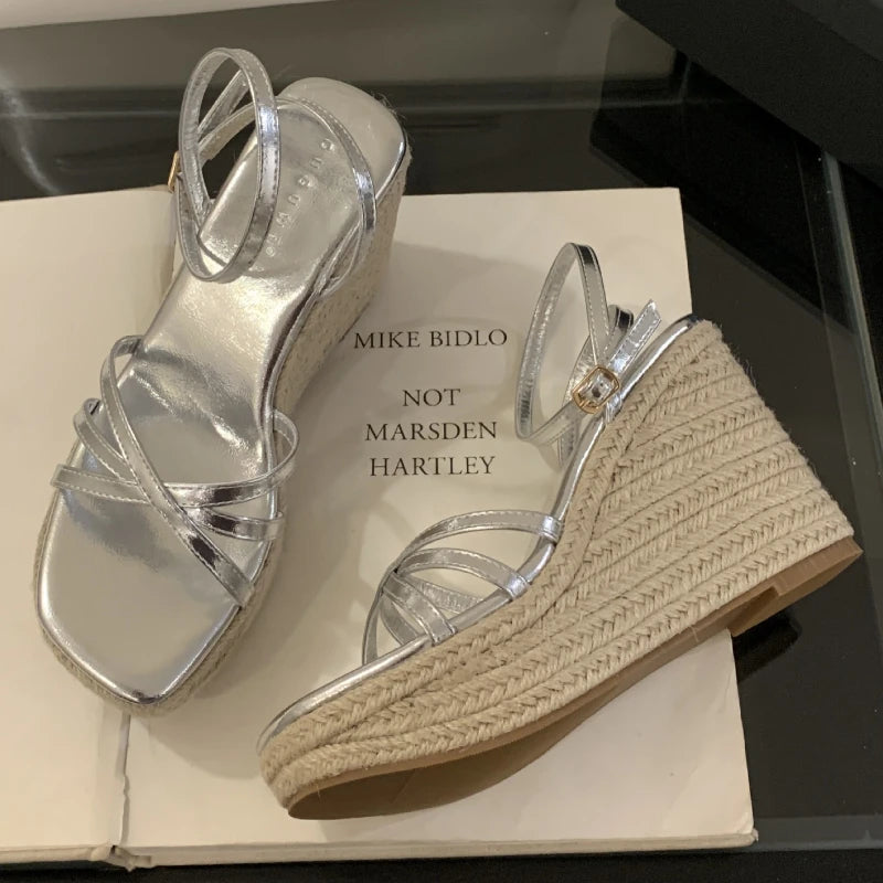 Lbsfy Summer New Weave Platform Sandals Women Fashion Narrow Band Open Toe Wedge Rome Sandals Ladies High Heels Sandalias De Mujer