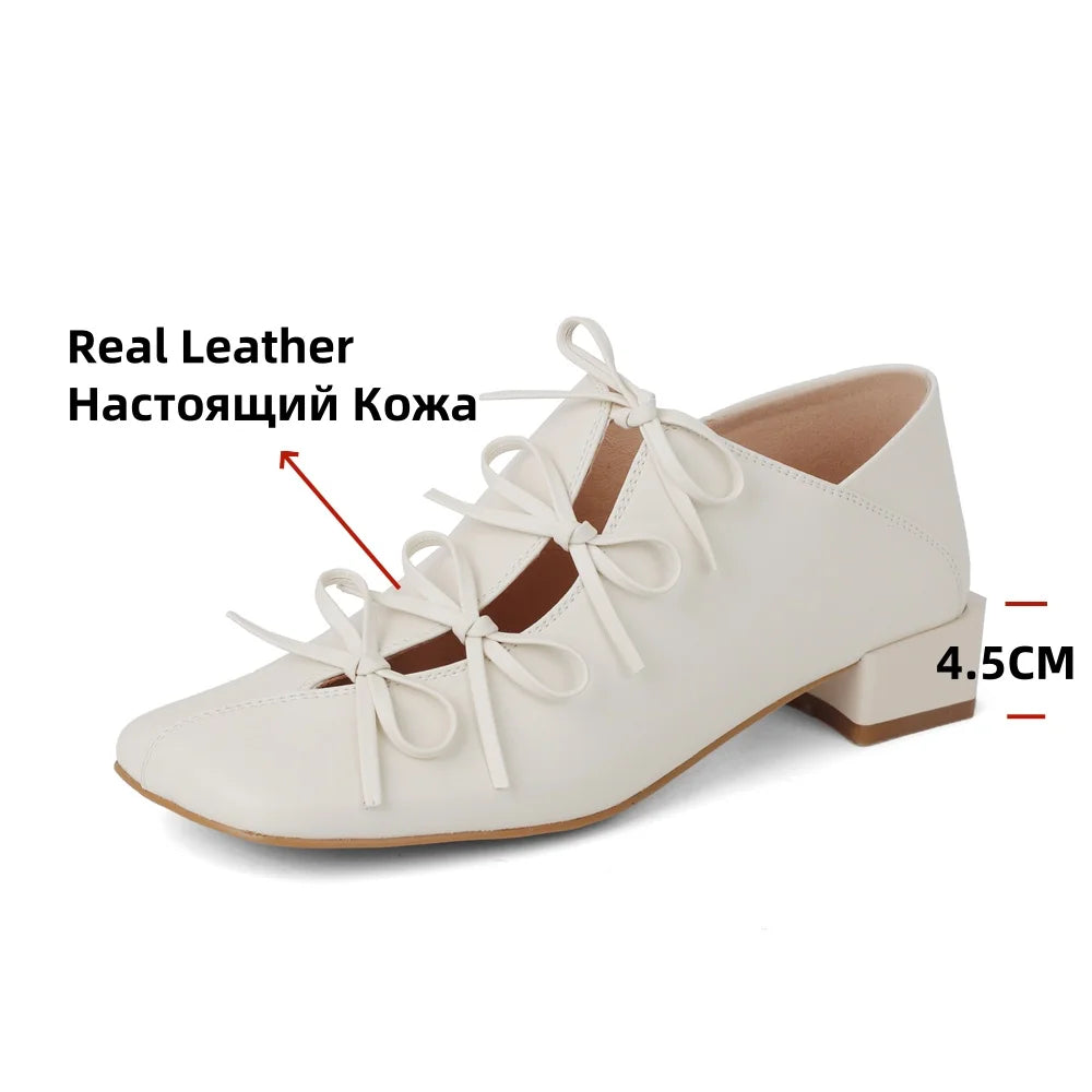 LBSFY  -  2025 Women Genuine Leather Square Toe Thick Heel Mature Sweet Dating Bowtie Party Wedding Shoes Woman Prom Pumps