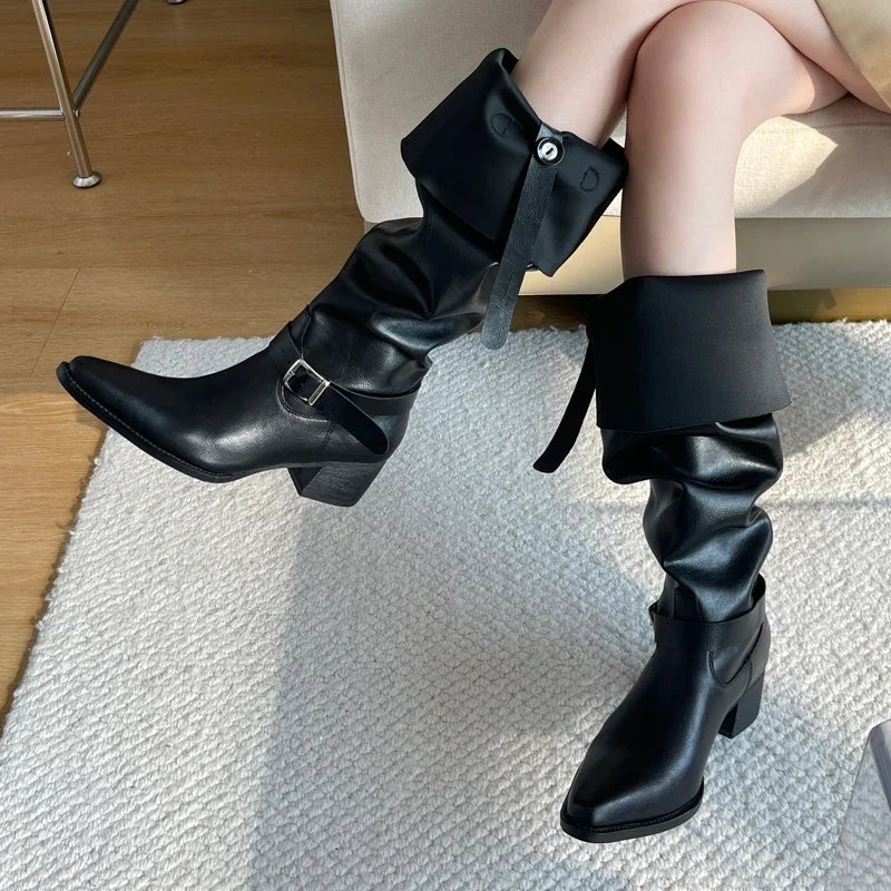 LBSFY -Winter Punk Style Women Knee-High Boots Designer Square Heels Buckle Strap Shoes Ladies Booties Zapatillas De Mujer