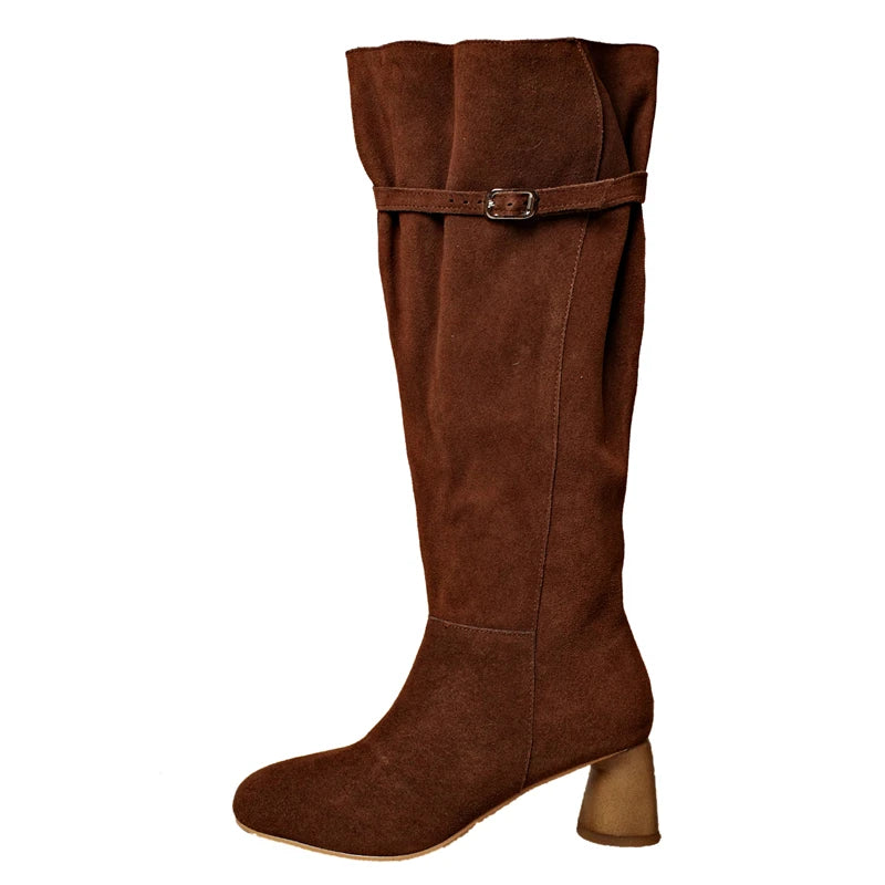 LBSFY  -  Ins Hot Cow Suede Leather Knee High Boots Round Toe Slip On High Heels Buckle Black Brown Women Boots Fashion Shoes