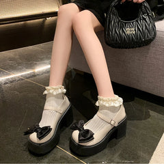 LBSFY  -  Lovely Black Bow Thick Heel Mary Jane for Women Shoes Fashion Increase Women's Shoes Designer Soft Sole Casual Ladies High Heels