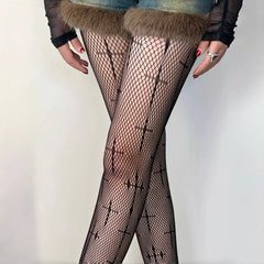 Lbsfy Women Sexy Cross Print Fish Net Tights Long High Nylon Socks Transparent Hollow Out Body Stockings Black Mesh Fishnet Pantyhose