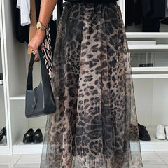LBSFY  -  Women's Fashion Club Party Slim Half Skirts New Autumn Leopard Print Pleated Skirts Elegant Elastic High Waist Mesh Long Skirt
