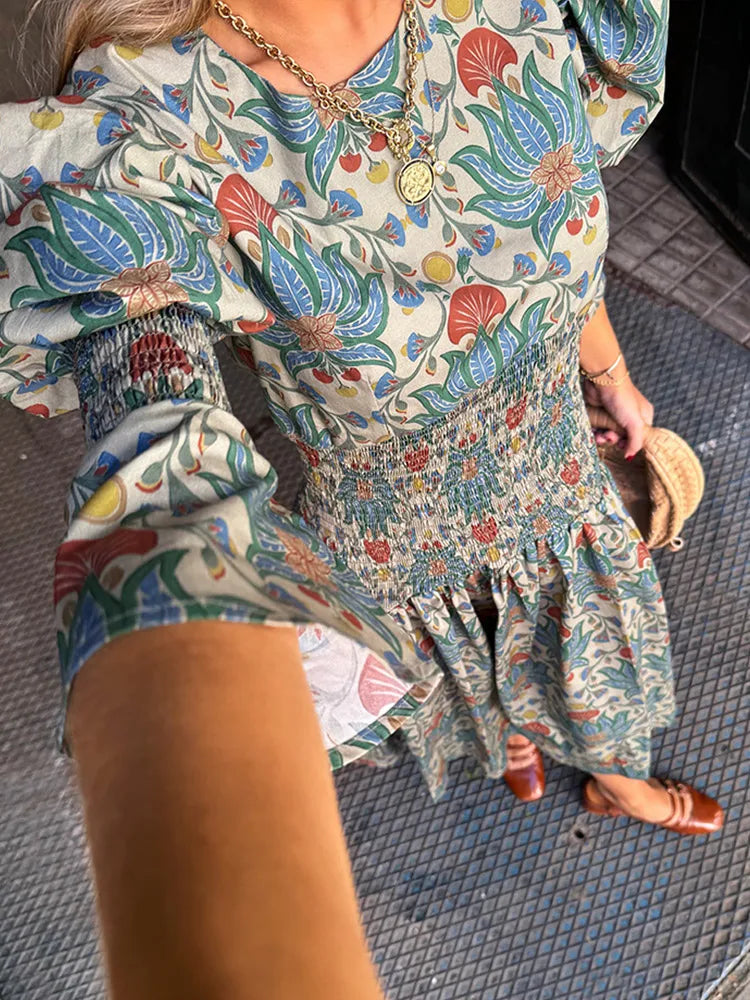 LBSFY  -  2025 Elegant Printed Pleated Hem Women's Midi Dress Fashion Puff Long Sleeves Round Collar Robe New Summer Vacation Lady Vestido