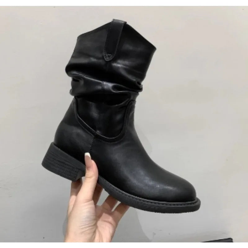 LBSFY -New Style Luxury Women's Fashion Short Boots Women's High Quality Genuine Leather Boots Wrinkled Split Toe Commuter Calf Boots