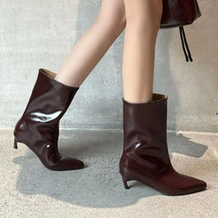 LBSFY  -   Burgundy Wide Calf Boots Ankle PU Leather Pointed Toe Thin Heels Winter Boots Women