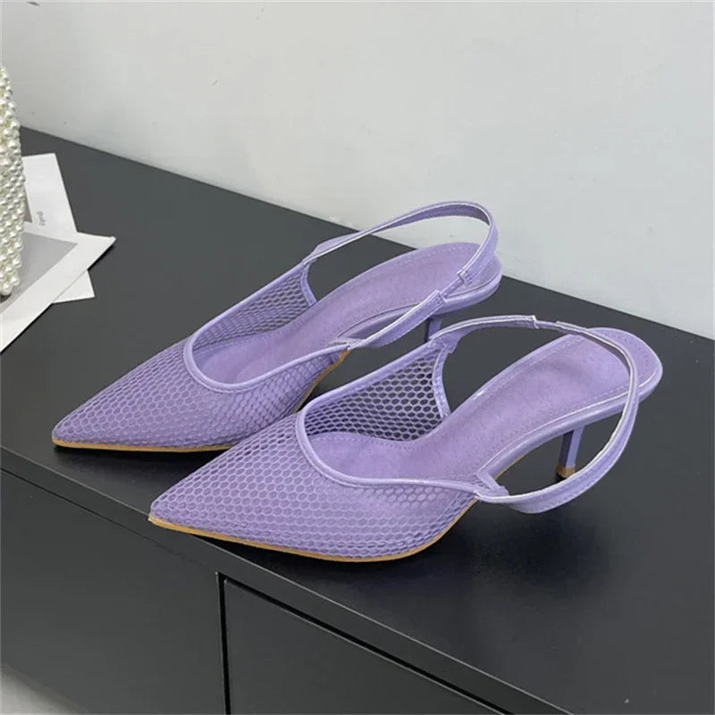 LBSFY -Summer Breathable Mesh Pointed Toe Women Pumps Elegant Slingbacks Thin Low Heels Party Dress Shoes BIG SZIE 43